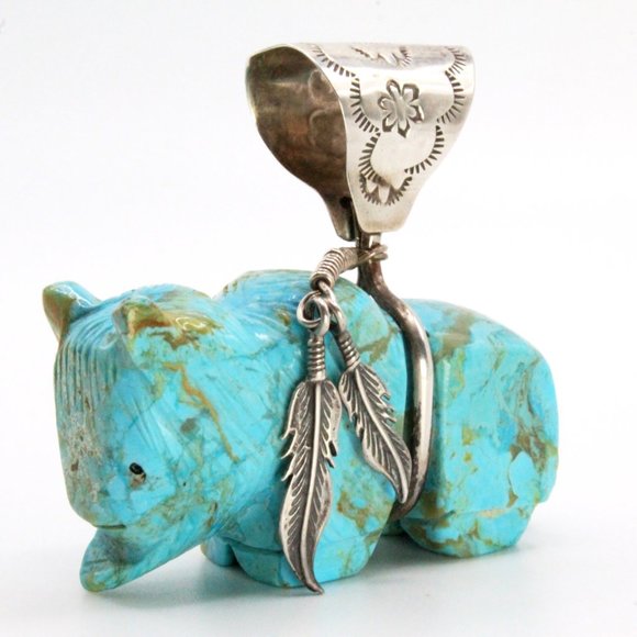 Vintage Zuni Buffalo Fetish Sculpted Turquoise 2" Large Sterling Silver Pendant - Picture 2 of 11